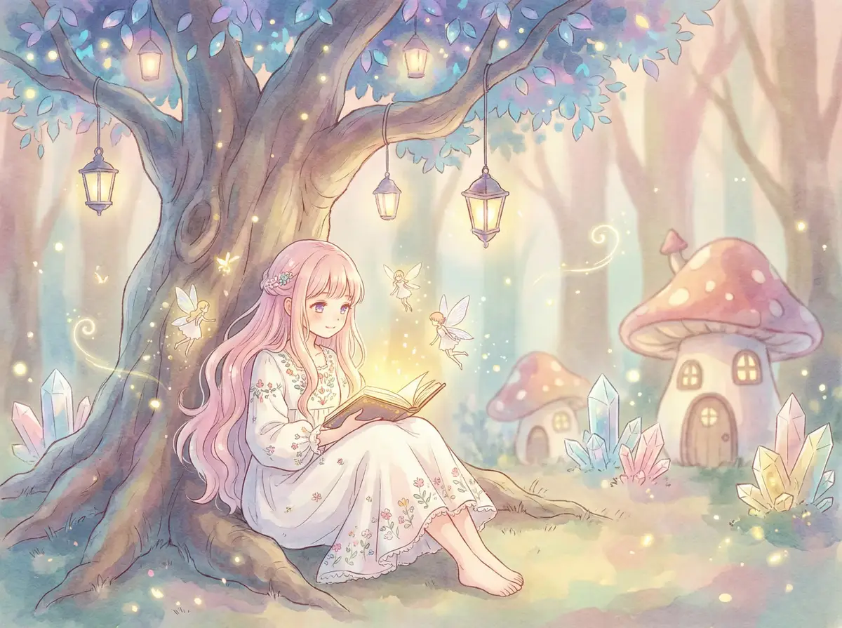 林子大了 - 魔法森林中阅读故事书的粉发少女与精灵
